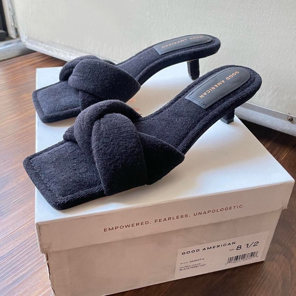 Good American Terry Kickstand Black Mule Heels Women's Size 8.5 (narrow) NWB